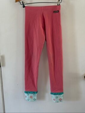 Matilda Jane salmon pink leggings with blue floral trim ruffle at bottom Size 10